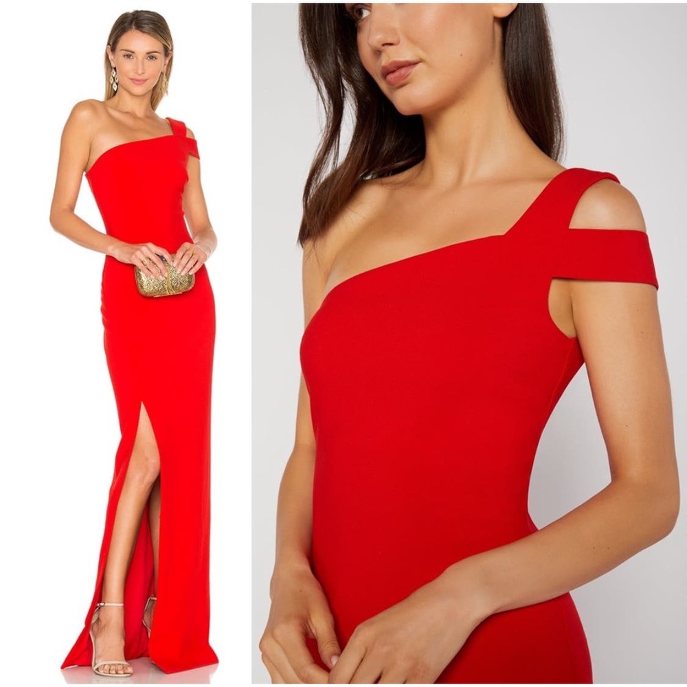 Likely Maxson One Shoulder Evening Gown Maxi Asymmetrical Dress Slit Scarlet Red